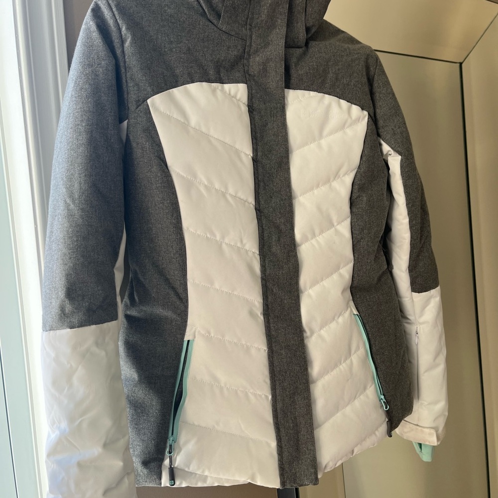Gray and White Hooded Jacket with Aqua Accents